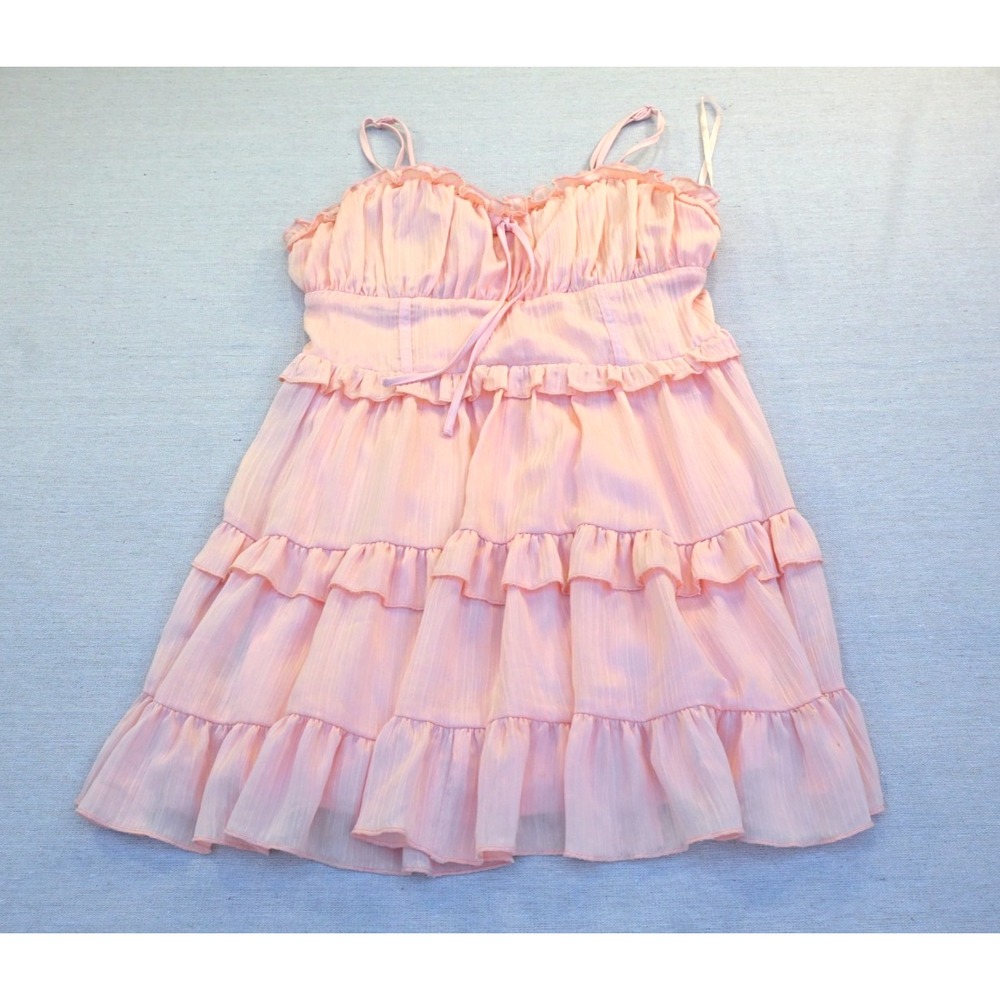 Wild Fable Womens M Pink Chiffon Tiered Babydoll Dress Ruffle Tie Strap Flowing